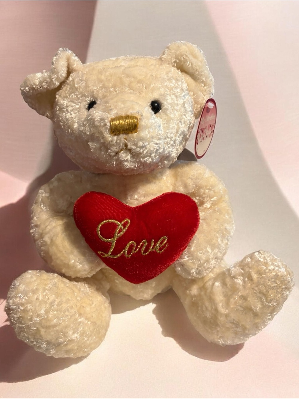 Cream Teddy Bear Plush with Red 'Love' Heart - Soft Gift